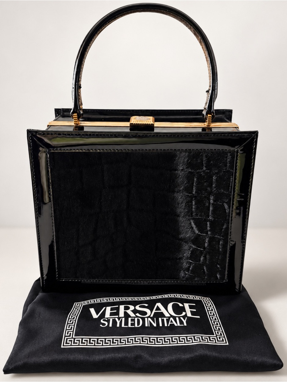 Vintage Gianni Versace Black Patent Pony Hair Box Bag Sun Clasp Dust Bag